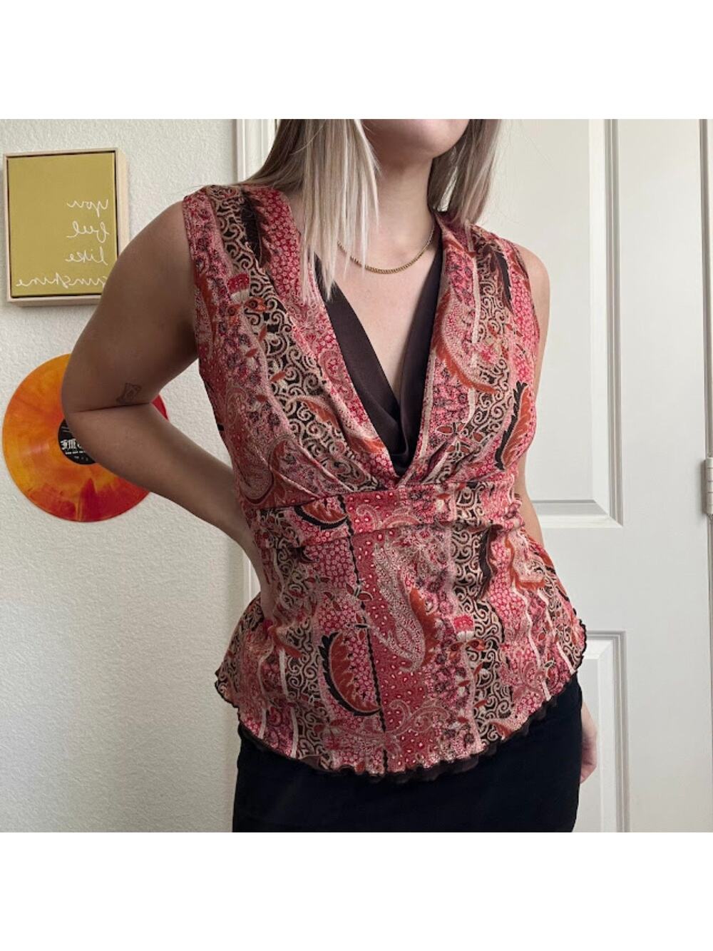 Vintage Y2K J.T.B Fall Color Patterened Sheer Blouse Sz L